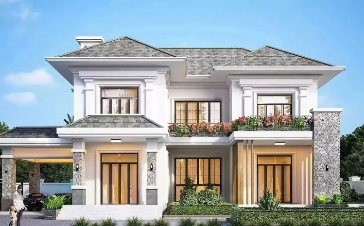 Mẫu thiết kế nhà 2 mặt tiền 2 tầng hiện đại sử dụng hệ mái bằng