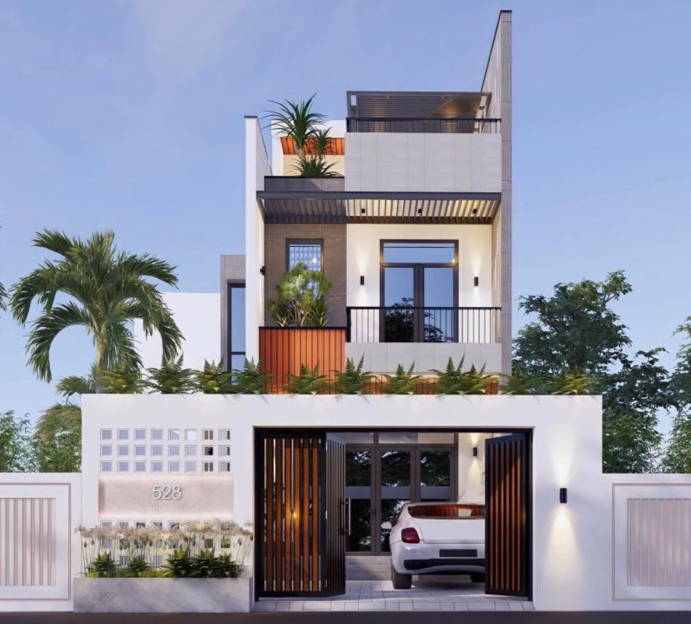 Công trình nhà ống 2 tầng 1 tum 3 phòng ngủ 2 mặt tiền